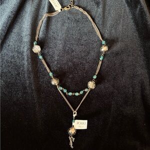 Sabika Champagne and Aqua Beaded Necklace with Charm